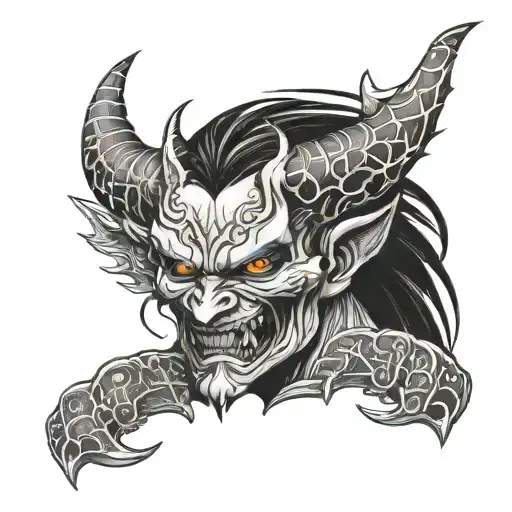 Half demon with 333 and Japanese lettering and cracked face   tattoo design idea