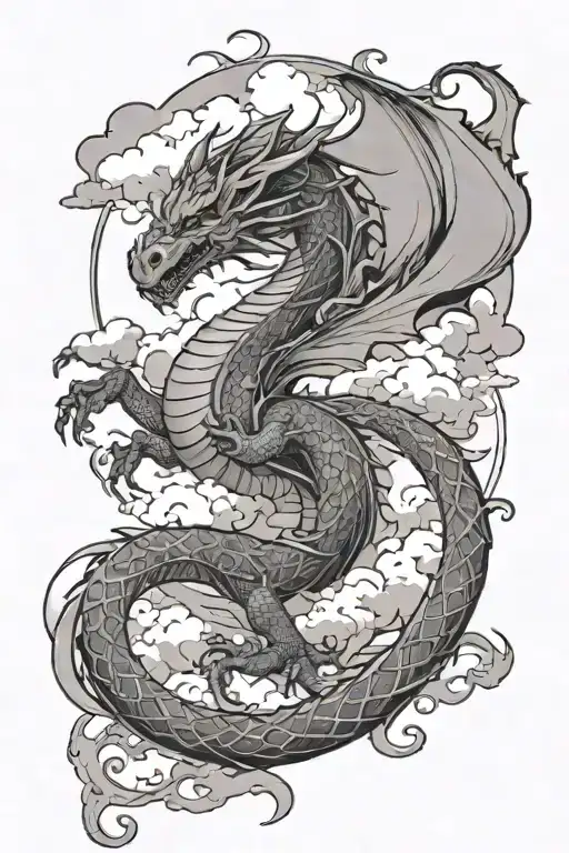 thin feminine dragon with clouds behind it tattoo design idea