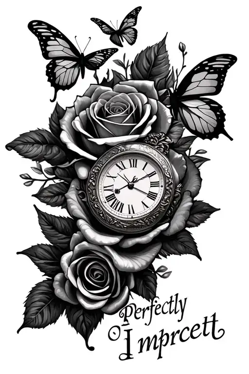"Perfectly imperfect " roses money rolls butterflies and a time piece inspired tattoo design idea