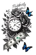 "Perfectly imperfect " roses money rolls butterflies and a time piece inspired tattoo design idea