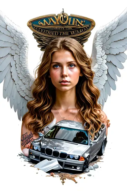 angel thats saved me from dieing in car crash in bmw e46 tattoo design idea