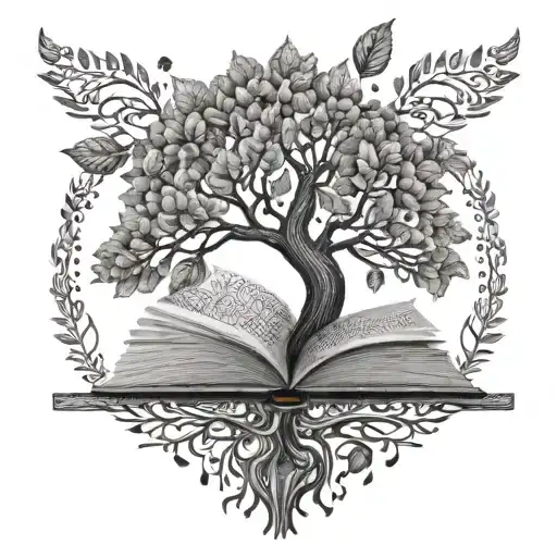 An intricate tree of knowledge with branches made of knitting patterns and books as leaves tattoo design idea