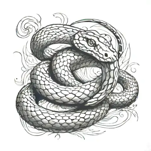 Detailed tattoo design of a snake wrapping around the leg, starting just above the ankle and extending upward to finish above the knee. The snake should have a dynamic, flowing pose, with its head pointing upward and slightly tilted to show an aggressive yet elegant expression. Include intricate scales, smooth curves, and detailed shading to emphasize the snake's texture and movement. The tail should wrap loosely near the ankle, and the body should coil naturally as it climbs up the leg, with a balance of bold lines and soft shading for a striking visual effect. tattoo design idea