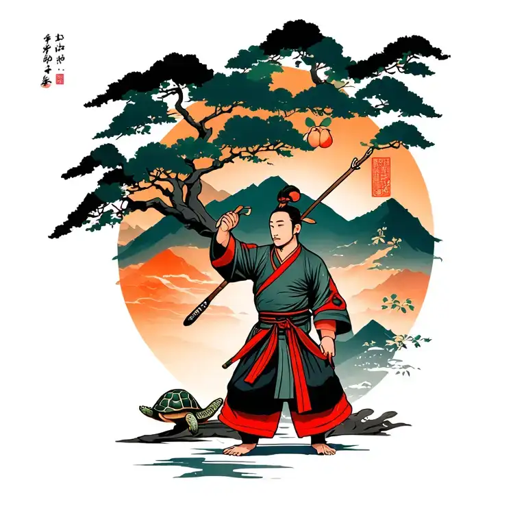 tortoise kind kung fu master with staff at peach tree scene in mountain pass tattoo design idea