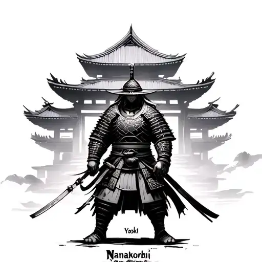 samurai standing in front of a temple with the sentence nanakorobi yaoki  tattoo design idea