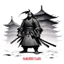 samurai standing in front of a temple with the sentence nanakorobi yaoki  tattoo design idea