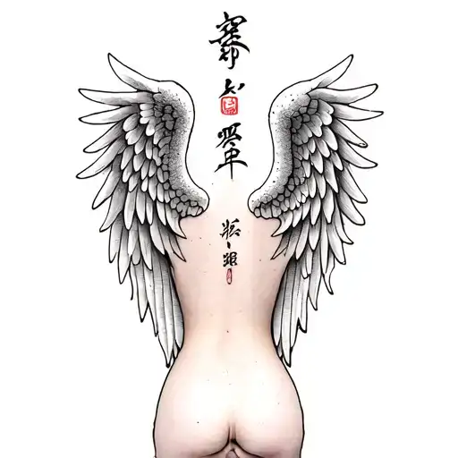 kanji with angel wings back neck tattoo design idea