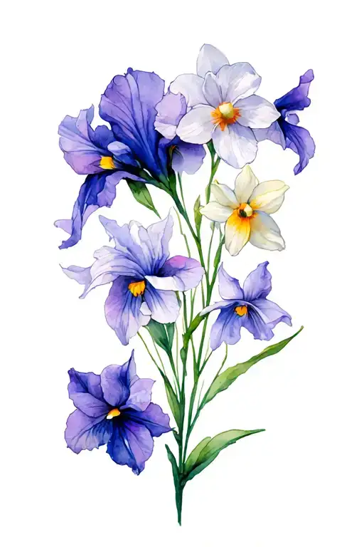 Tattoo idea for birth month flowers for forarm. . February: Violet, Primrose, Iris. March: Daffodil, Jonquil. September: tattoo design idea