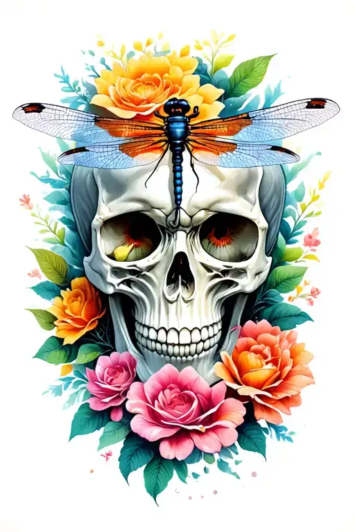 skull and dragonfly  tattoo design idea