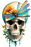skull and dragonfly  tattoo design idea