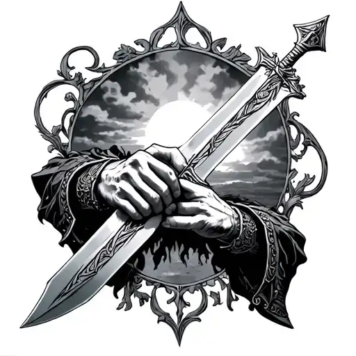 knights hand taking excalibur from the lady of the lake tattoo design idea