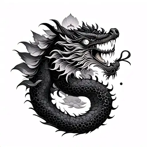 Asian dragon with Japanese tori gate on its back, lotus above the Tori gate tattoo design idea
