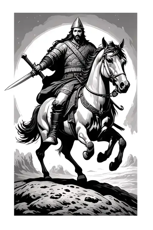 Atilla the hun on horseback wielding the sword of mars tattoo design idea