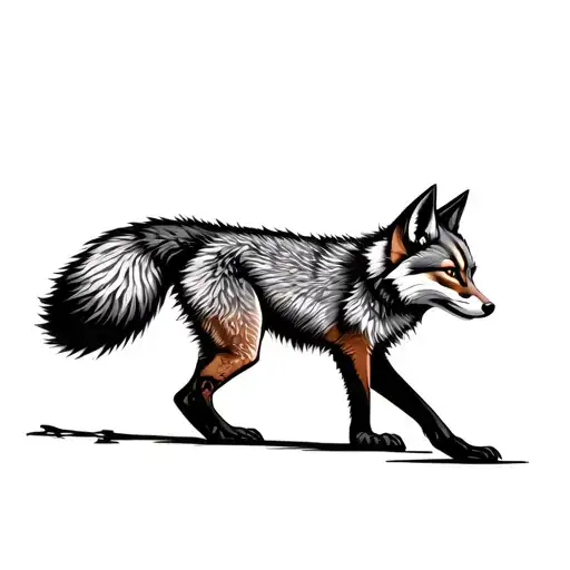 Realistic black and grey tattoo of a full-body grey fox walking with one front paw raised. The fox has detailed fur with tattoo design idea
