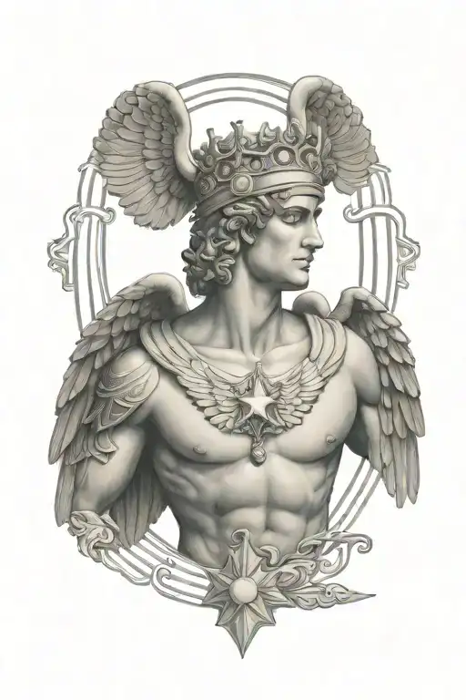 Hermes messenger god, winged crown, greek art, Greek symbolism, greek consolations star background tattoo design idea
