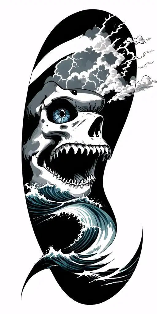 posiden with waves and shark then clouds and zues skull with lightning going from his eye to the waves tattoo design idea