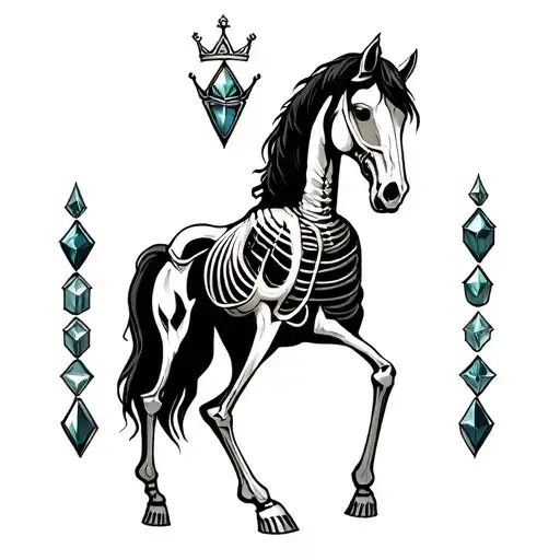 6 of Wands inspired, dark skeletal horse, 5 family birth stones as wand tops the background ones, crown adorned with my  tattoo design idea