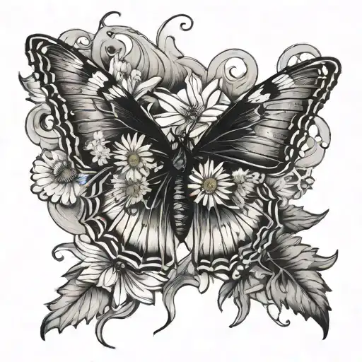 butterfly rising from smoke with daisy and larkspur flower in background tattoo design idea