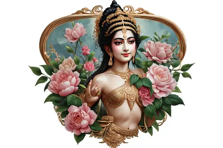 Khmer  apsara with peonies and roses   tattoo design idea