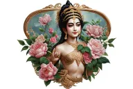 Khmer  apsara with peonies and roses   tattoo design idea