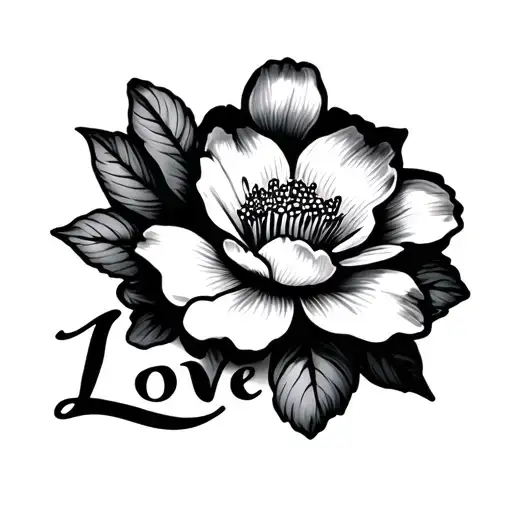 Sakura flower with the underlined inscription Love written in a beautiful font, with shadows on the flower itself and some shadows from the flower tattoo design idea