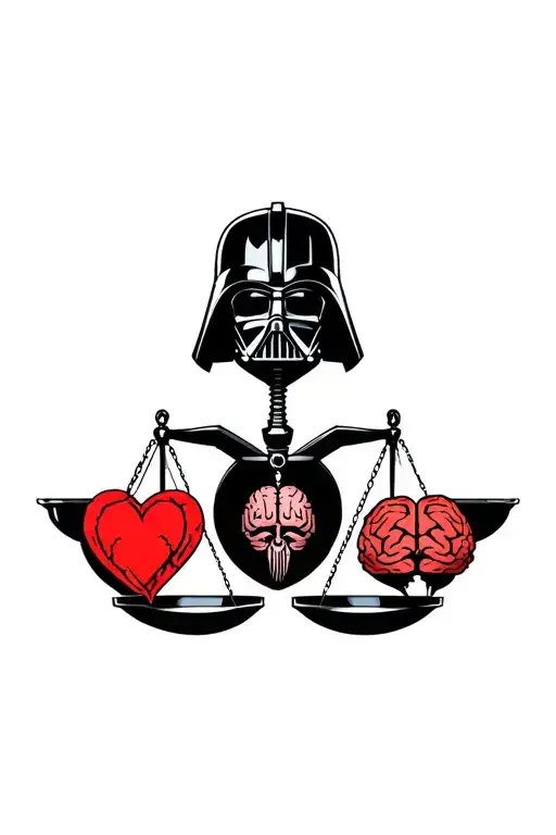darth vader, broken helmet, libra scales, heart and brain on each scale tattoo design idea