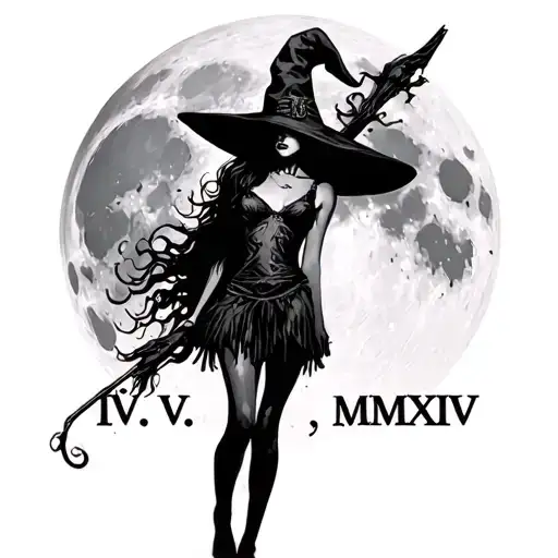 "IV.V.MMXIV" sexy witch silhouette over full moon tattoo design idea