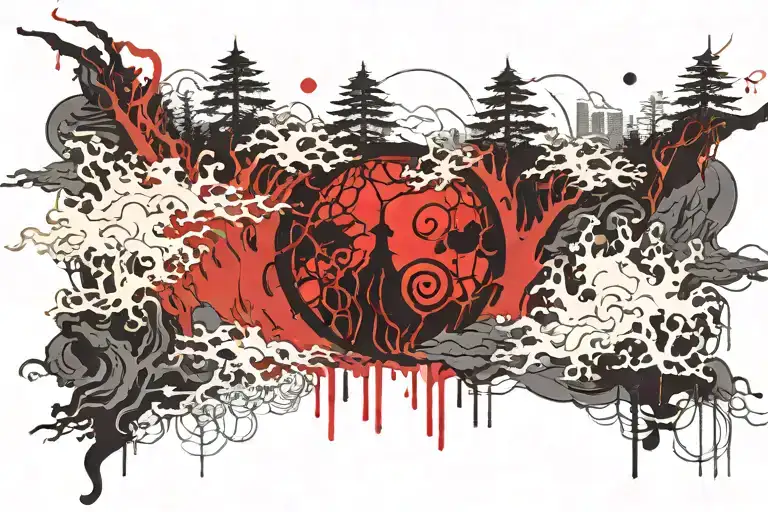 Japanese forest river covered in amaterasu flames on the night of the Sharingan moon tattoo design idea