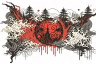 Japanese forest river covered in amaterasu flames on the night of the Sharingan moon tattoo design idea