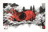 Japanese forest river covered in amaterasu flames on the night of the Sharingan moon tattoo design idea
