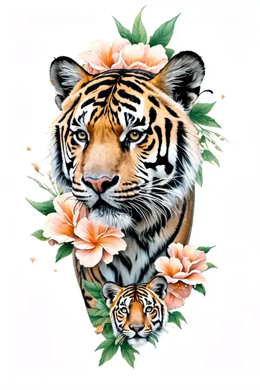 tiger and multiple cubs tattoo featuring flowers  tattoo design idea