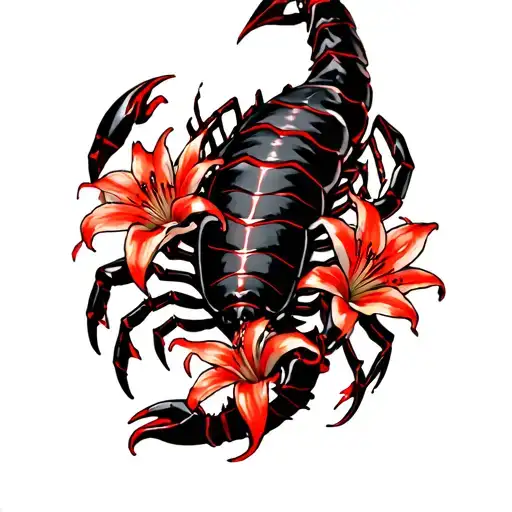 red and black lightsly shaded lillies wrapping around a scorpion from mortal kombat  tattoo design idea