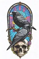 raven fly with skull with stained glass background black “memento vivere” on the background tattoo design idea