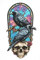 raven fly with skull with stained glass background black “memento vivere” on the background tattoo design idea