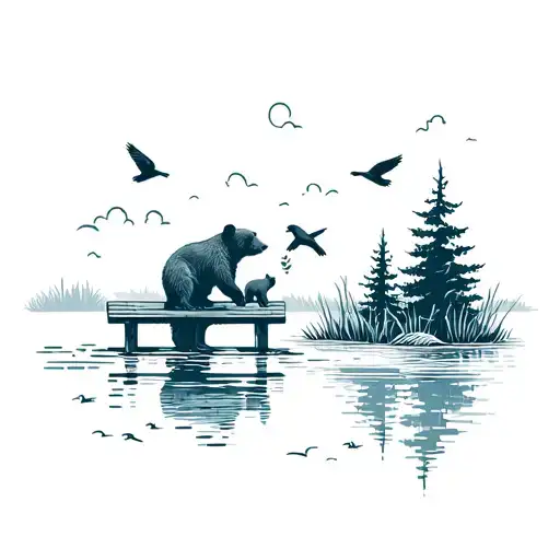 mama bear and cub on a bench feeding birds in a pond  tattoo design idea