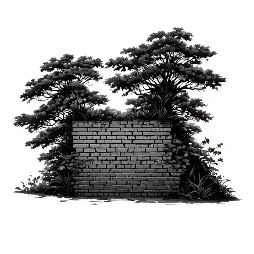 brick wall overgrown jungle trees tattoo design idea