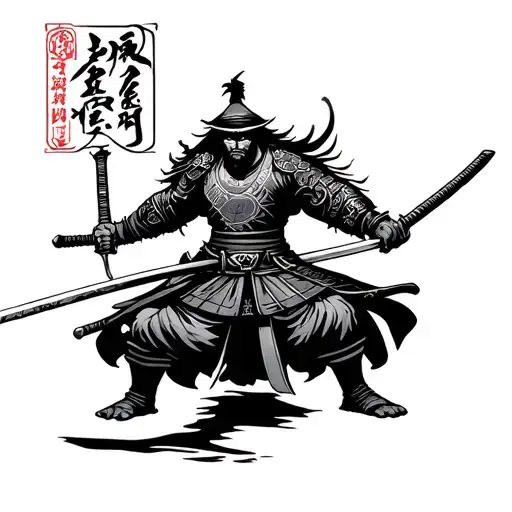 slim samurai warrior wielding his swords tattoo design idea