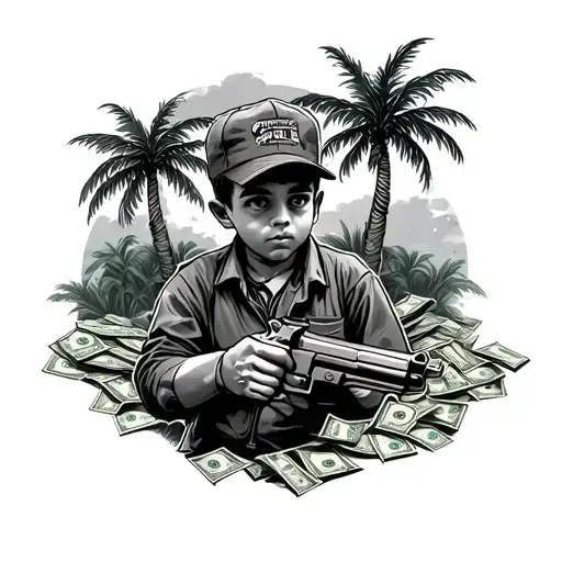 money palm trees a boy with a gun  tattoo design idea