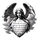 rose at wrist stone angel above with clouds around it and a bible verse tattoo design idea