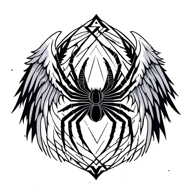 spiders, geometric lines, angel wings, runes, flames — dark, mythic, beautiful tattoo design idea