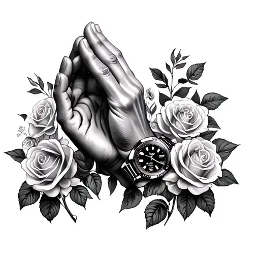 Praying hands with Rolex watch and roses growing tattoo design idea