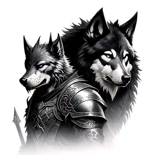 knight artorias from dark souls with his wolf sif behind him tattoo design idea