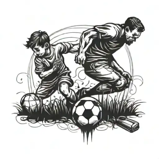 A tattoo design featuring a father and child playing football together, with a subtle nod to woodworking by incorporating a handplane in the background tattoo design idea