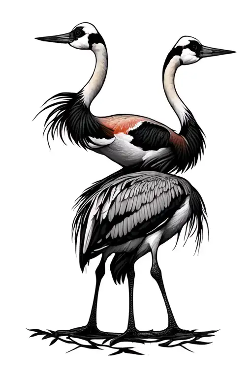 Mirrored realistic sandhill cranes on the back with a decorative line down the spine tattoo design idea