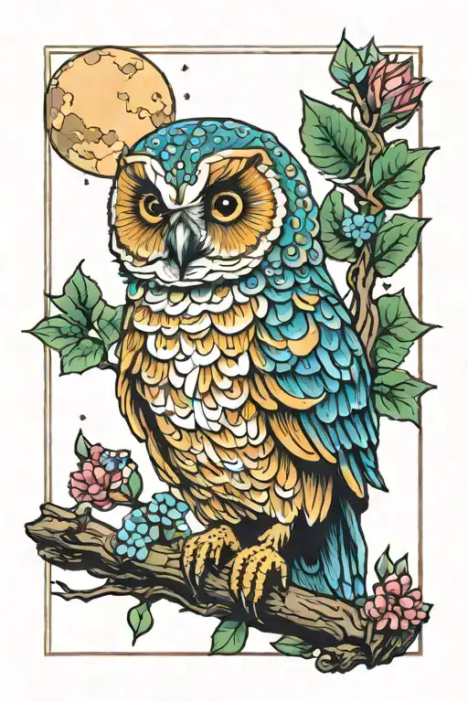 pleiadian cluster small owl perched on a branch tattoo design idea