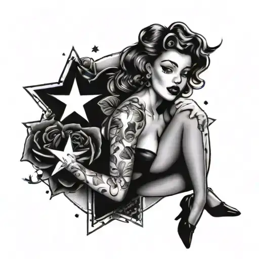 a pin up girl with roses behind her with some nautical stars and a shady background tattoo design idea