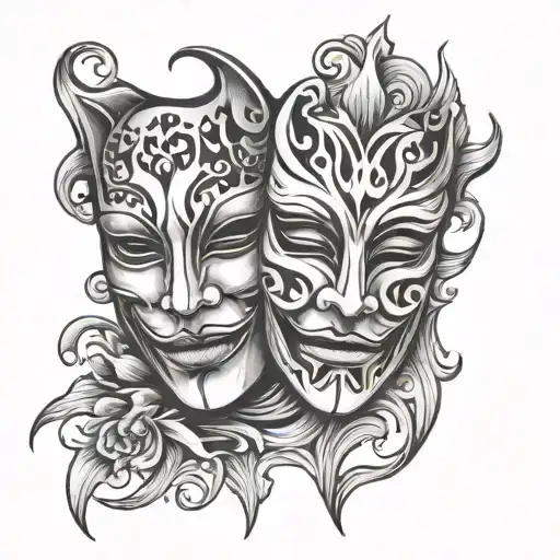 drama mask split  by hand tattoo design idea