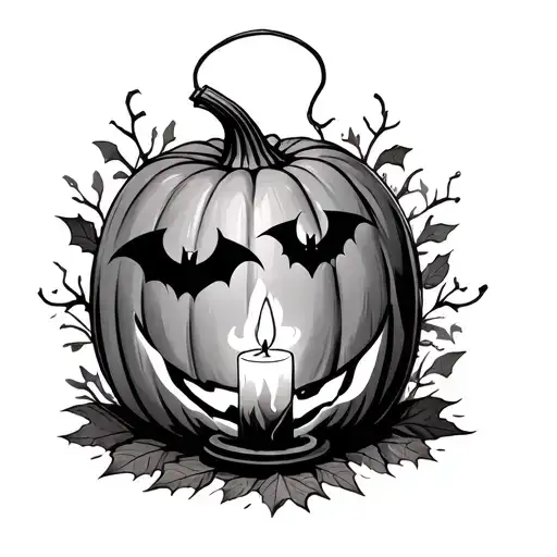 bats lantern candles burning leaves pumpkin tattoo design idea
