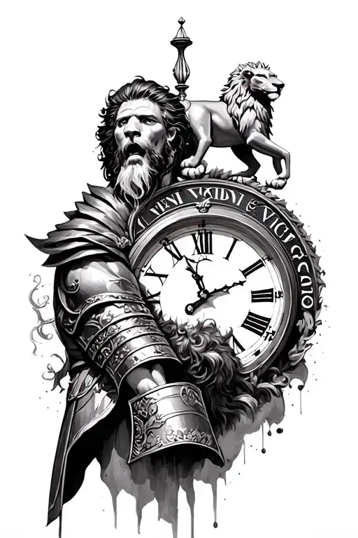 spartan with clock behind him with veni vidi vici and lion on top tattoo design idea