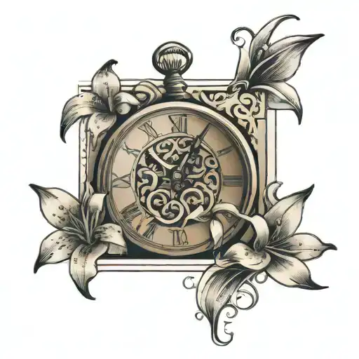 Lilly flowers intertwine with sand clock with a analytical clock in the background of the sand clock stopping on 11:59pm tattoo design idea